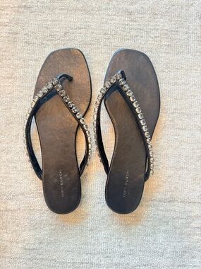 Tory Burch Black Crystal-Embellished Flip Flop Sandals